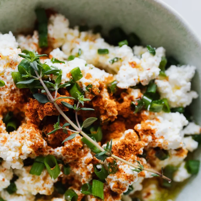 Bowl of smooth whipped cottage cheese with herbs