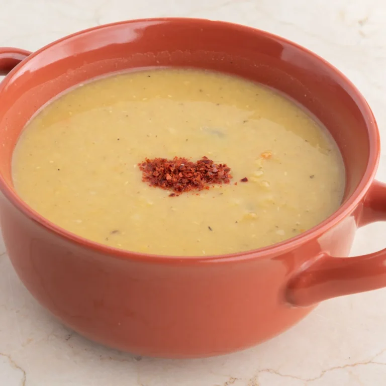 Bowl of red lentil soup with lemon and cilantro garnish