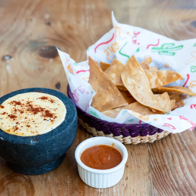 A stone bowl of smooth pale cheese dip with tortilla chips and a cup of salsa alongside
