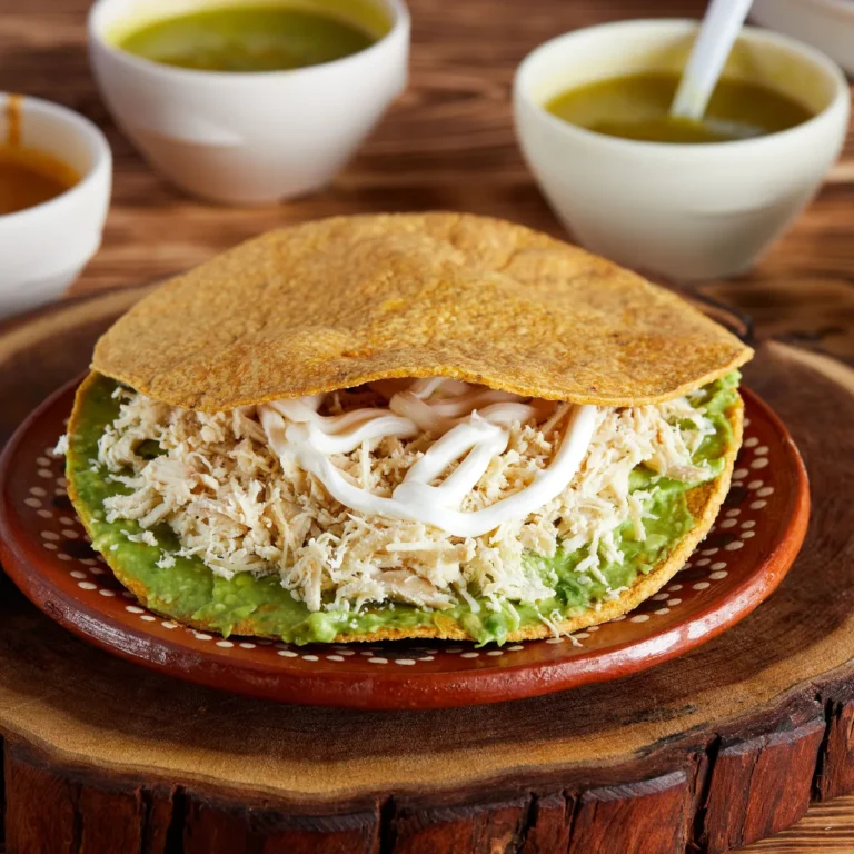 A crisp tostada topped with shredded chicken, avocado and crema, with bowls of salsa behind