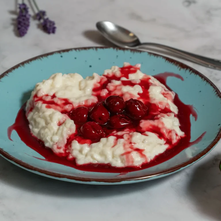 A plate of creamy rice pudding topped with cherries