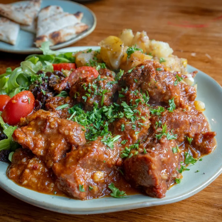 A plate of beef stew, chunks of beef in a thick gravy with vegetables