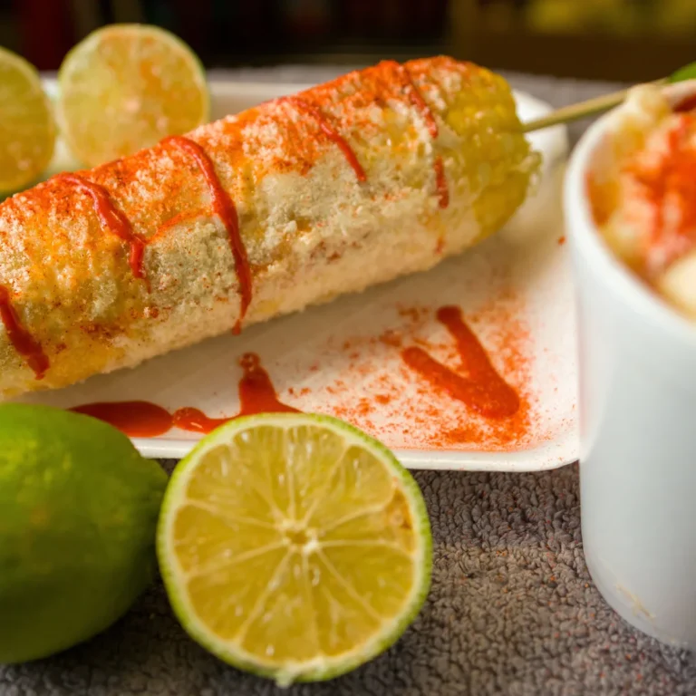 A cob of Mexican street corn coated in cheese and chili powder, with lime alongside