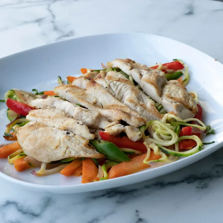 Sliced grilled chicken breast served over vegetables on a white plate