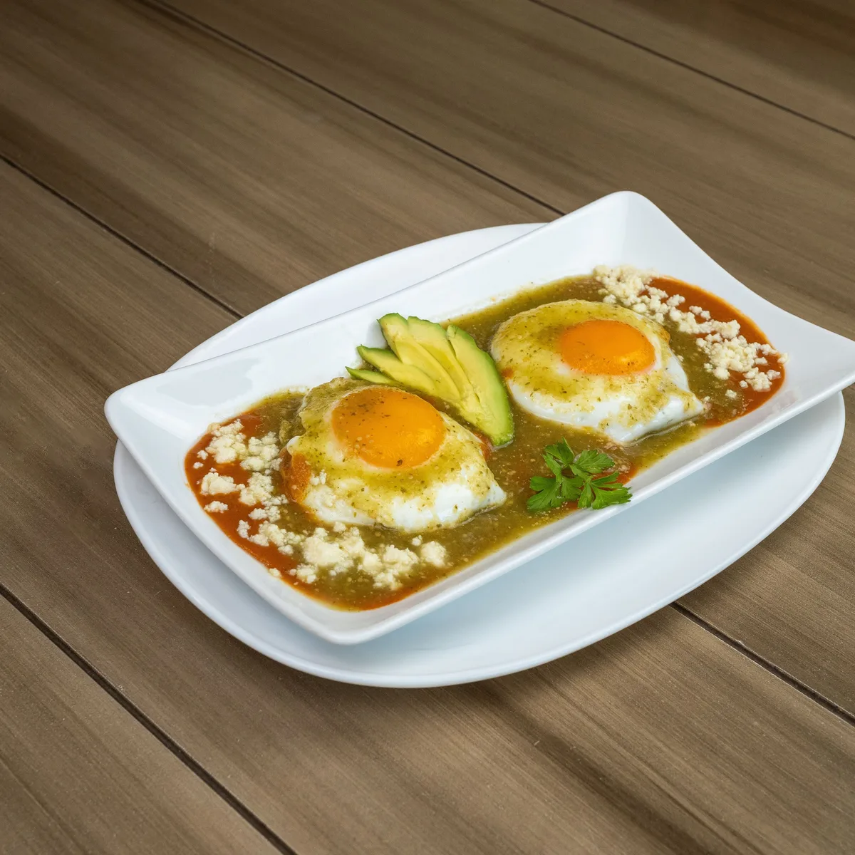 Two fried eggs on tortillas under red sauce, with avocado and crumbled white cheese